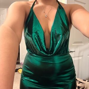 SHEIN Emerald Green Strapless Halter Satin Dress